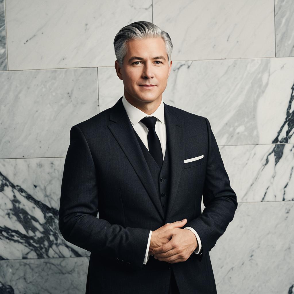 Confident Mature Man in Tailored Suit Standing Against Marble Wall