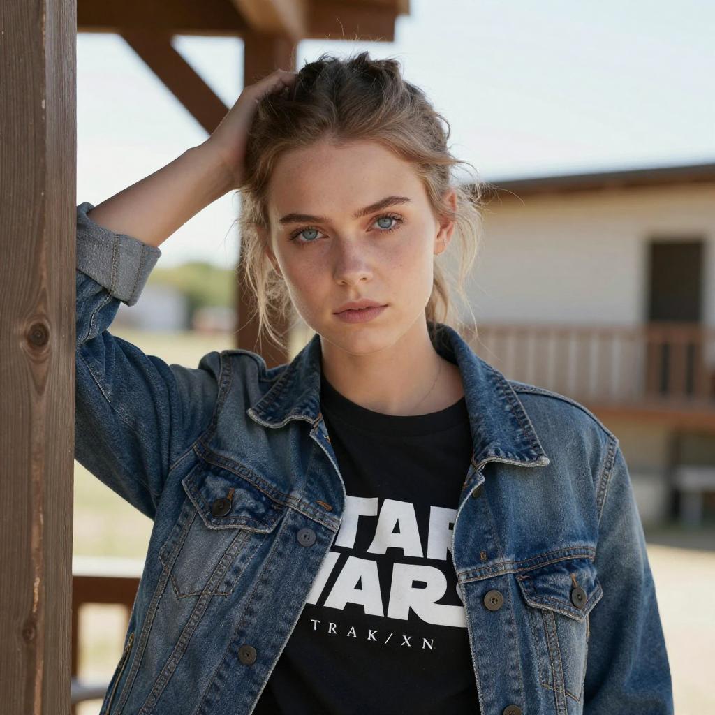 Gen Z Woman Wearing Denim Jacket and Star Wars T-Shirt Outdoors