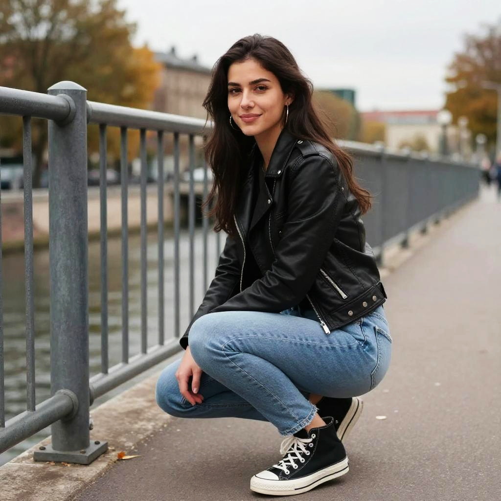 Young Woman in Leather Jacket and Jeans Squatting Outdoors by City River