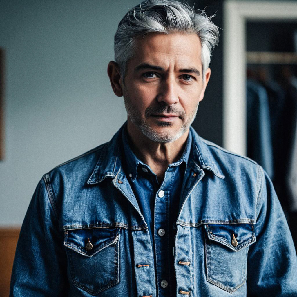 Confident Middle-Aged Man in Denim Jacket Confident Middle-Aged Man in Denim Jacket