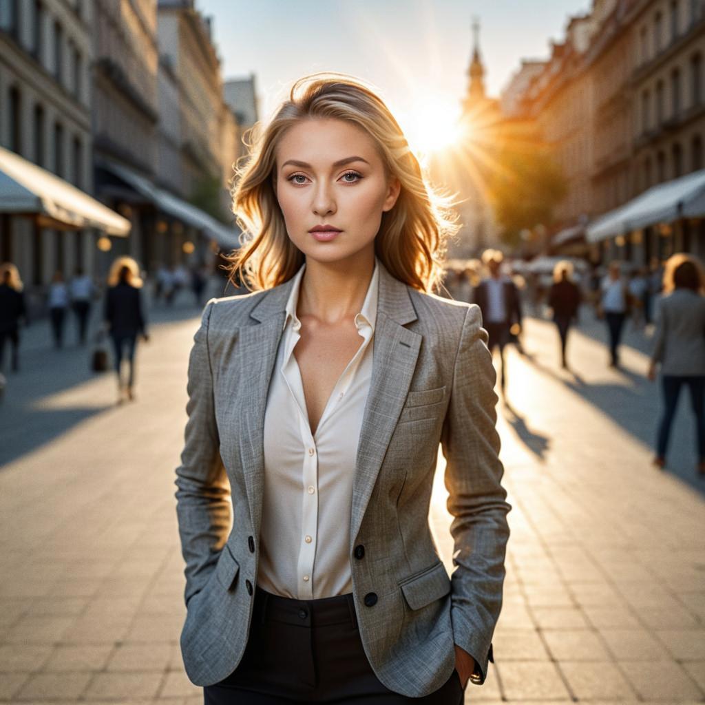 Confident Woman in Gray Blazer in Urban Setting