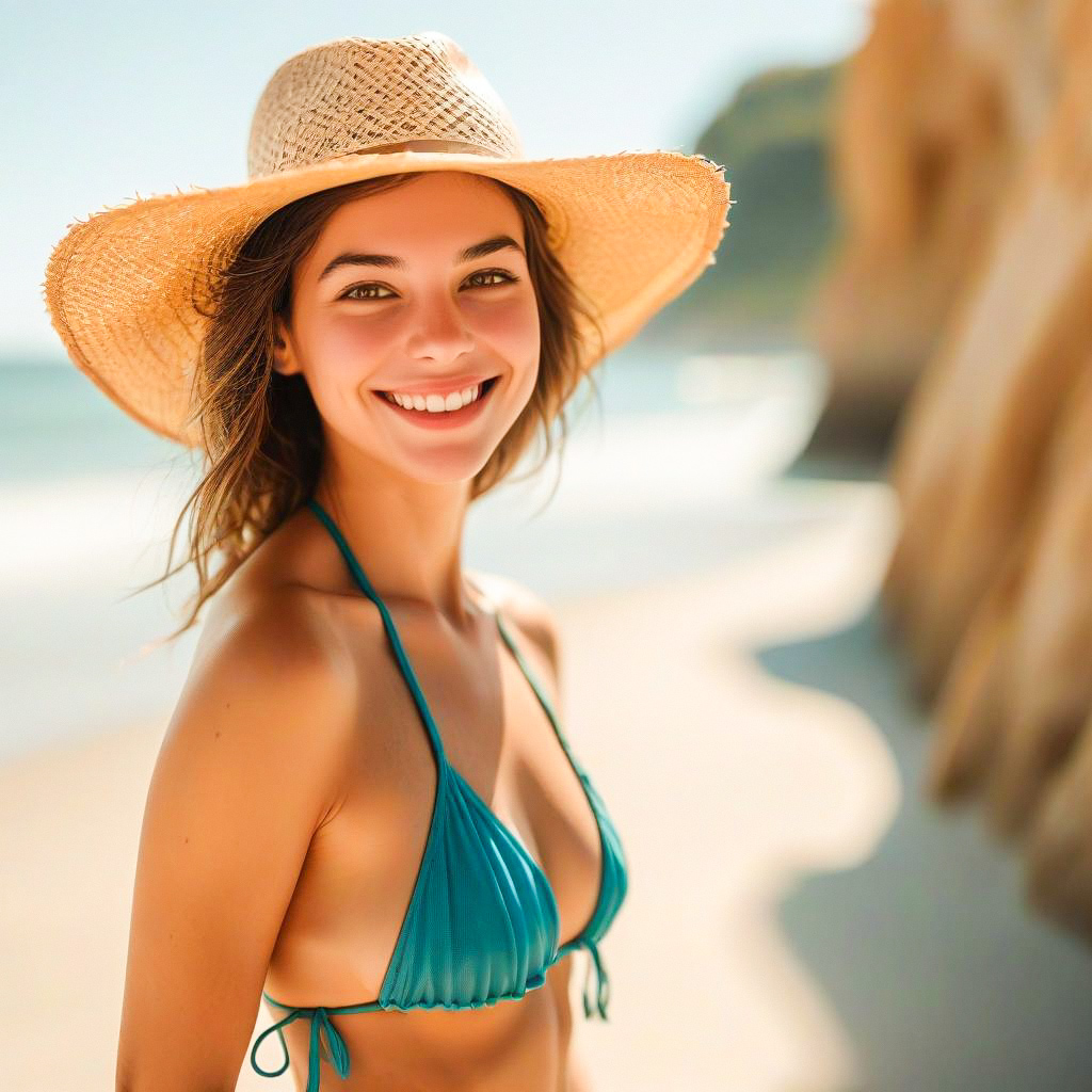 Young Woman in Teal Bikini on Beach