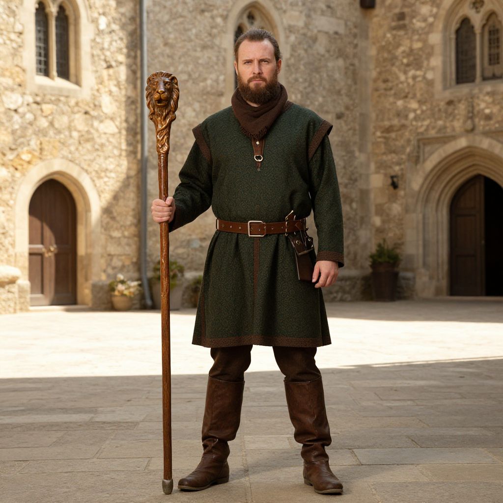 Medieval Man in Green Tunic Holding Lion Staff in Stone Courtyard