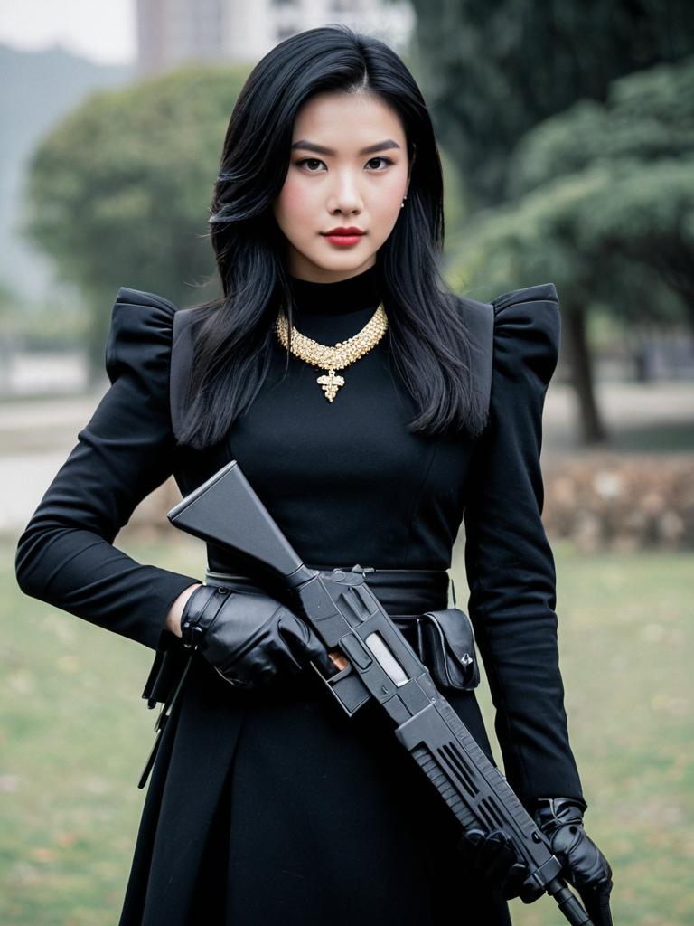 Confident Woman in Black Outfit Holding Rifle Outdoors