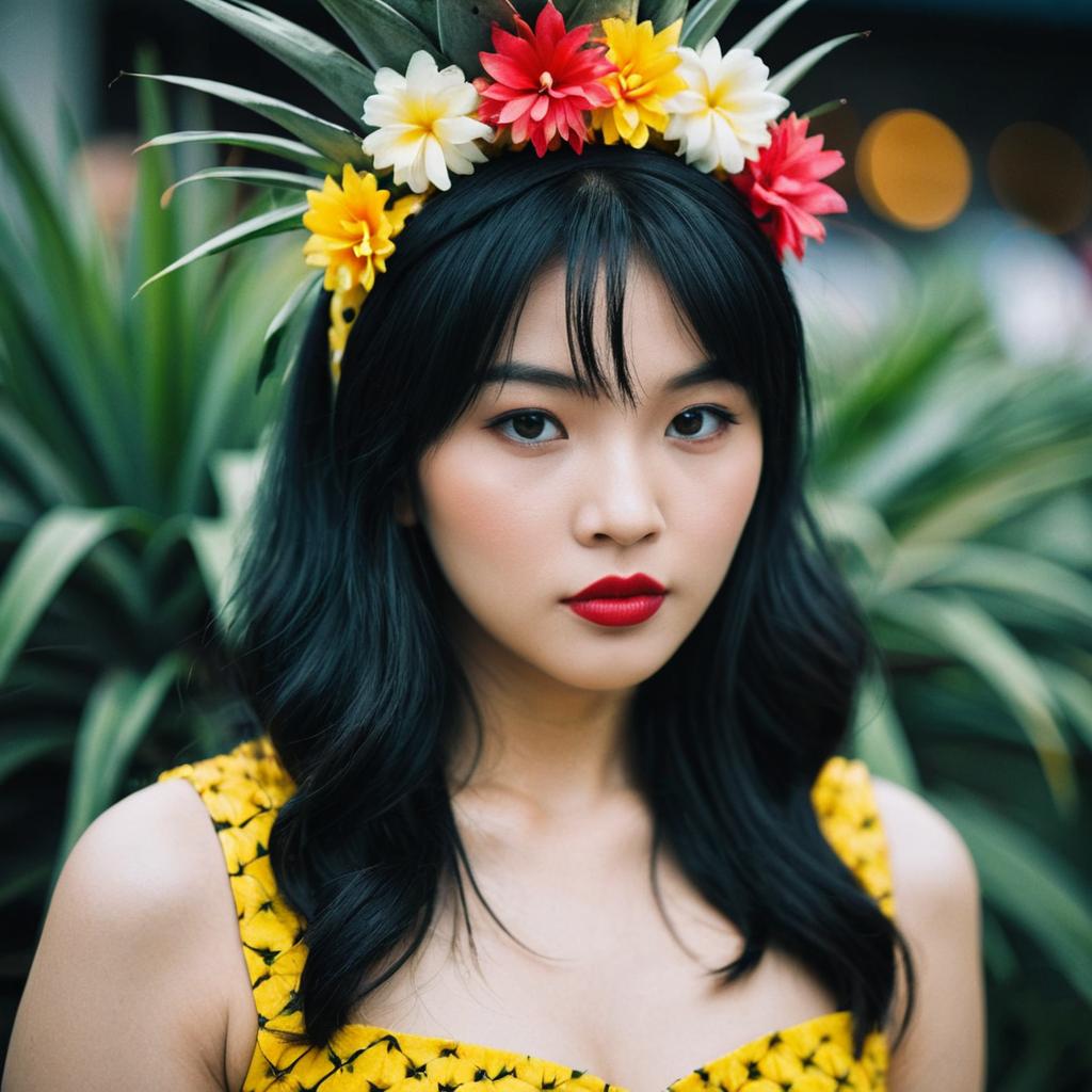 Young woman in floral headband and yellow outfit Young woman in floral headband and yellow outfit