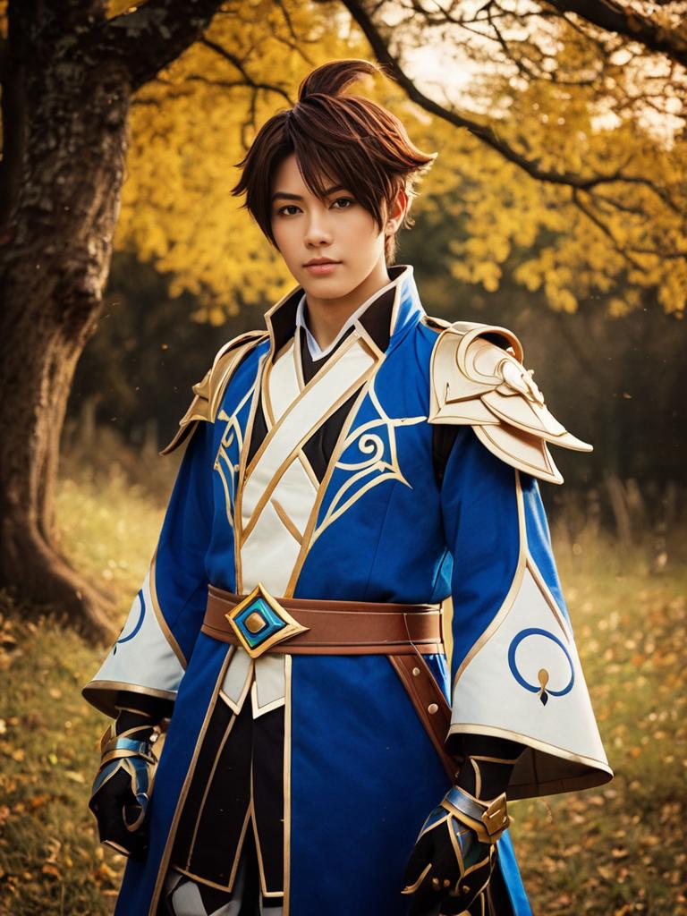 Photorealistic Outdoor Portrait of Man in Genshin Impact Costume
