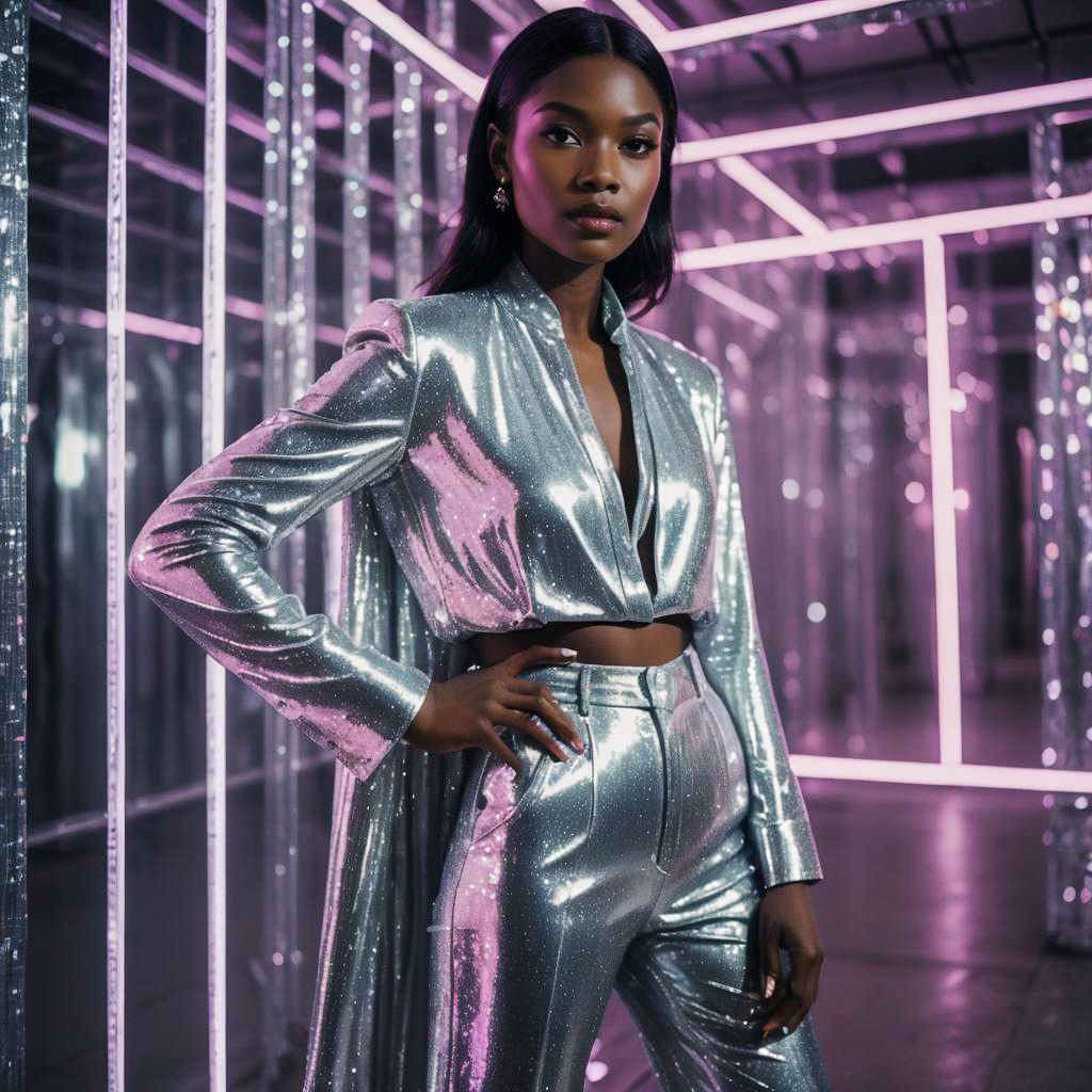 Stylish Woman in Shimmering Silver Metallic Suit with Neon Lighting
