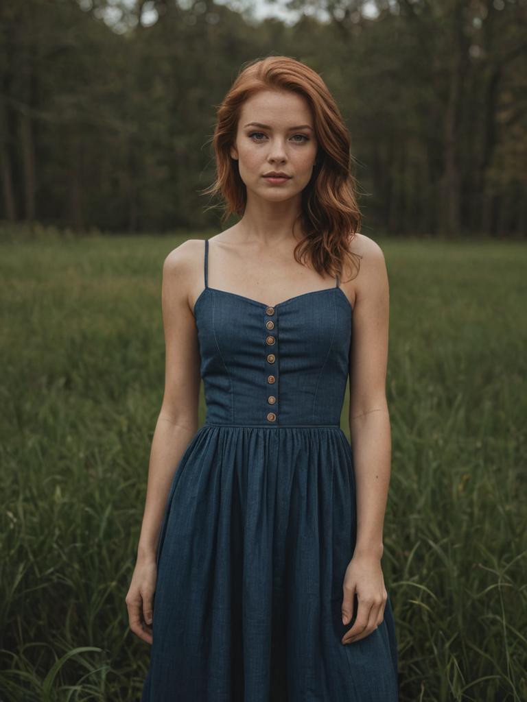 Woman in Denim Dress in Green Field