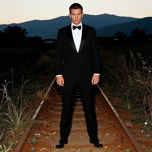 Man in Black Tuxedo Standing on Railway Tracks at Twilight