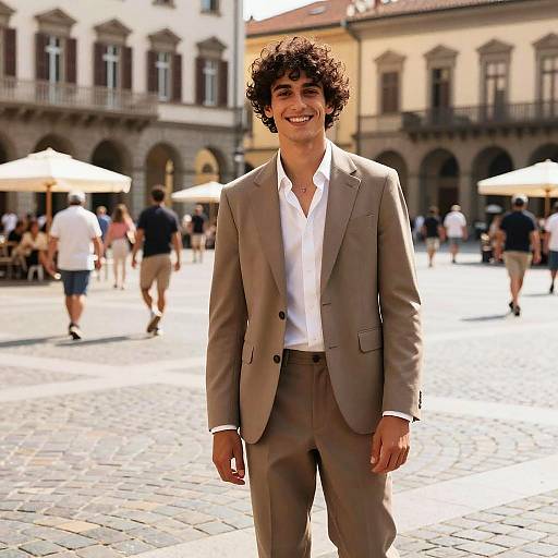 Young Man in Beige Suit Smiling in Urban European Square