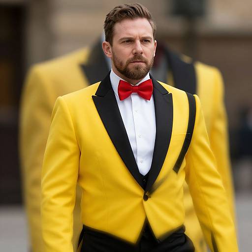 Man in Bright Yellow Tuxedo Jacket with Red Bow Tie