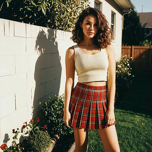 Young Woman in Cream Crop Top and Red Plaid Skirt in Sunlit Garden