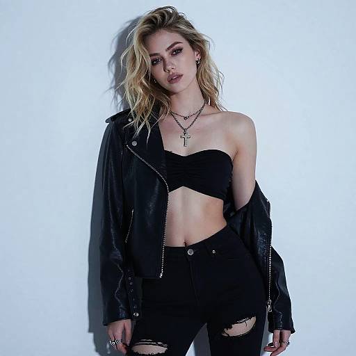 Edgy Gen Z Woman in Black Leather Jacket and Ripped Jeans