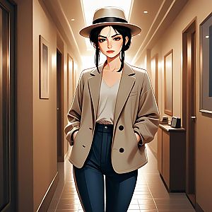 Stylish Woman in Beige Blazer in Modern Hallway