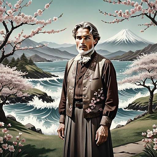 Stylish Man with Silver Hair Among Cherry Blossoms and Mountain Landscape