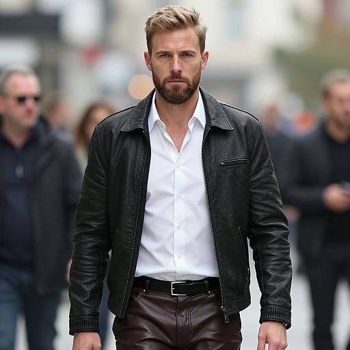 Confident Man Walking Street Style in Black Leather Jacket