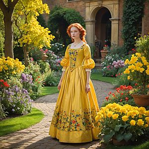 Young Woman in Yellow Dress in Lush Garden
