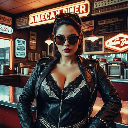 Stylish Woman in Leather Jacket Posing at Retro American Diner