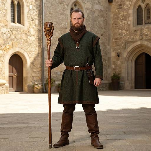 Medieval Man in Green Tunic Holding Lion Staff in Stone Courtyard