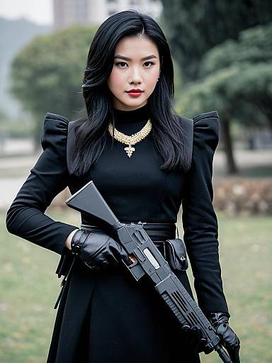 Confident Woman in Black Outfit Holding Rifle Outdoors