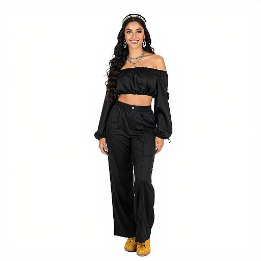 Trendy Gen Z Woman in Black Off-Shoulder Crop Top and Pants