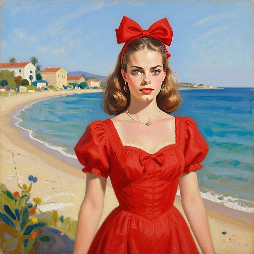 Vintage Style Woman in Red Dress by Seaside Coastal Village Beach