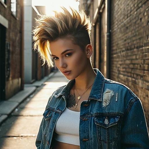 Edgy Young Woman with Trendy Hairstyle in Urban Street Style Denim Jacket