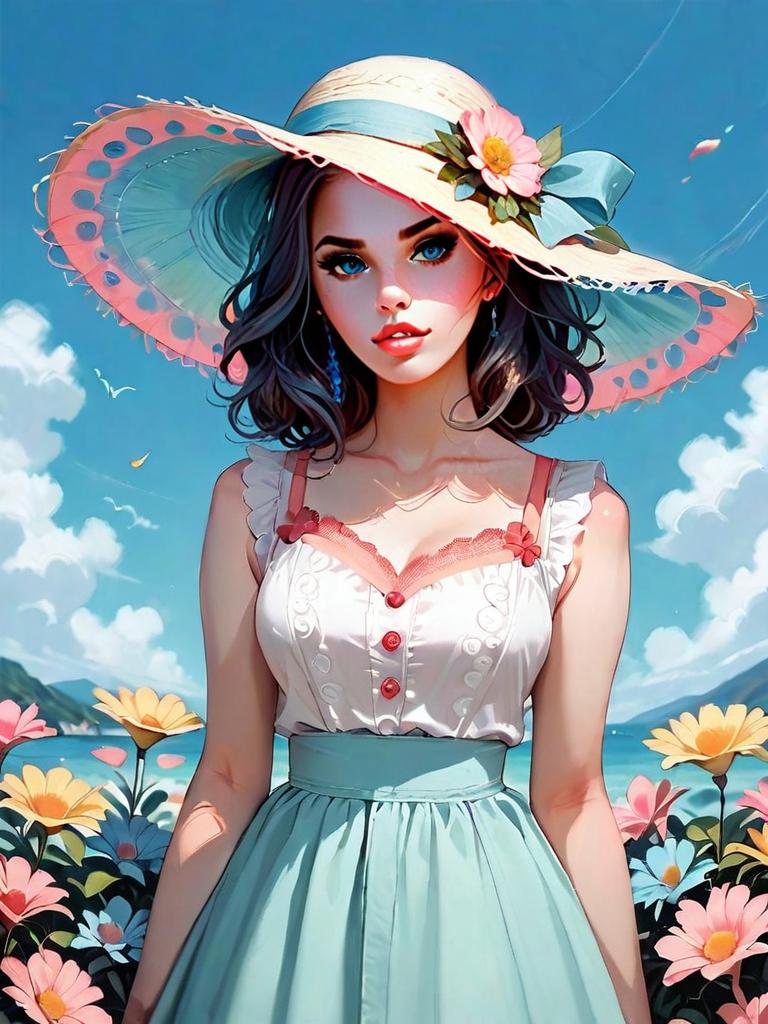 Realistic Portrait of Woman in Lace-Up Summer Dress and Floral Hat by the Garden