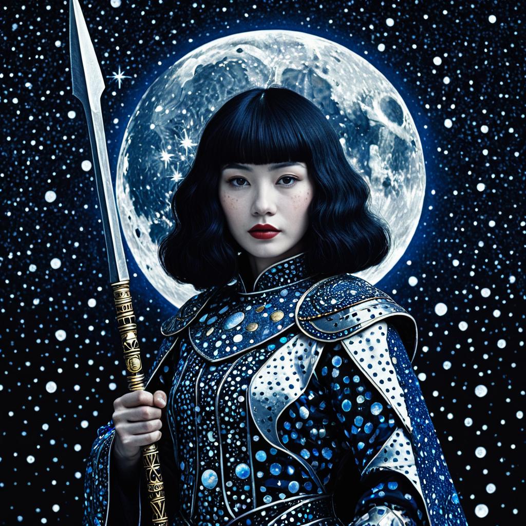 Woman in Celestial-Themed Armor with Spear and Full Moon Background