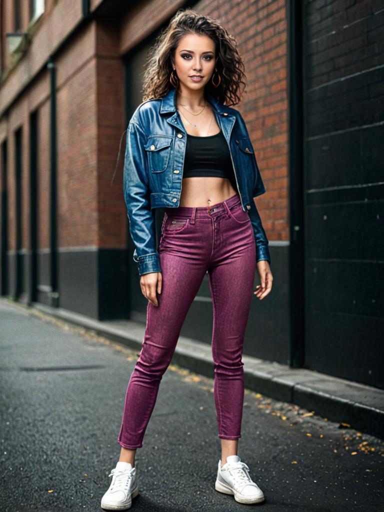 Confident Woman in Denim Jacket and Purple Pants