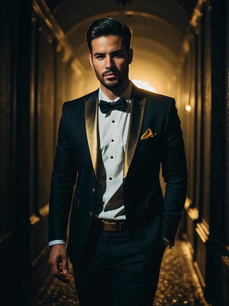 Man in Summer Wedding Outfit Photorealistic Outdoor Portrait with Gold Accents