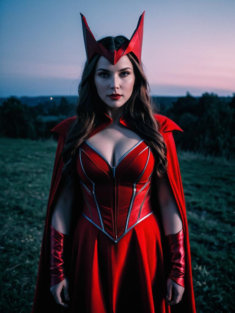 Photorealistic Outdoor Portrait of Woman in Scarlet Witch Costume at Twilight