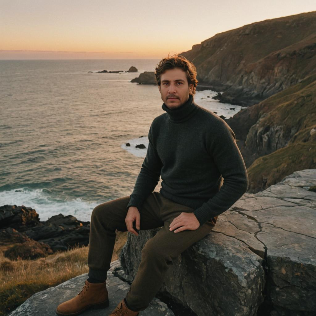 Man on Cliffs Overlooking Ocean at Sunset