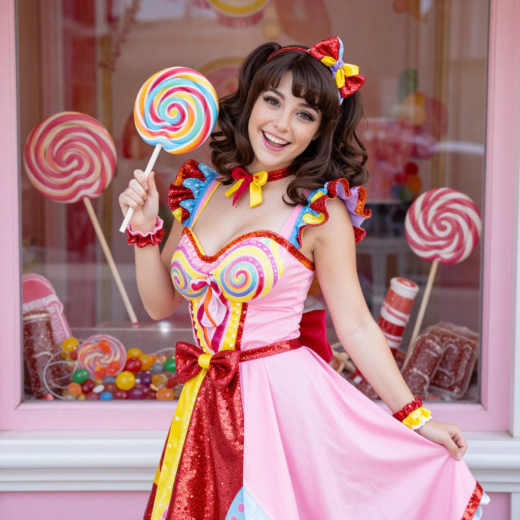 Colorful Candy Themed Costume Woman Holding Lollipop Outside Candy Shop