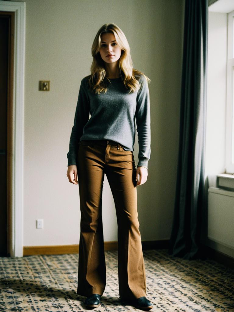 Casual Woman Wearing Gray Sweater and Brown Flared Pants Indoors