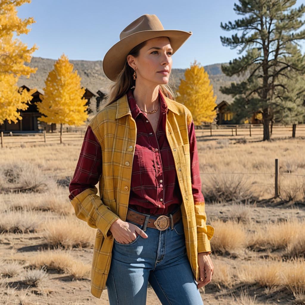 Woman in Western Autumn Outfit with Hat in Rural Landscape