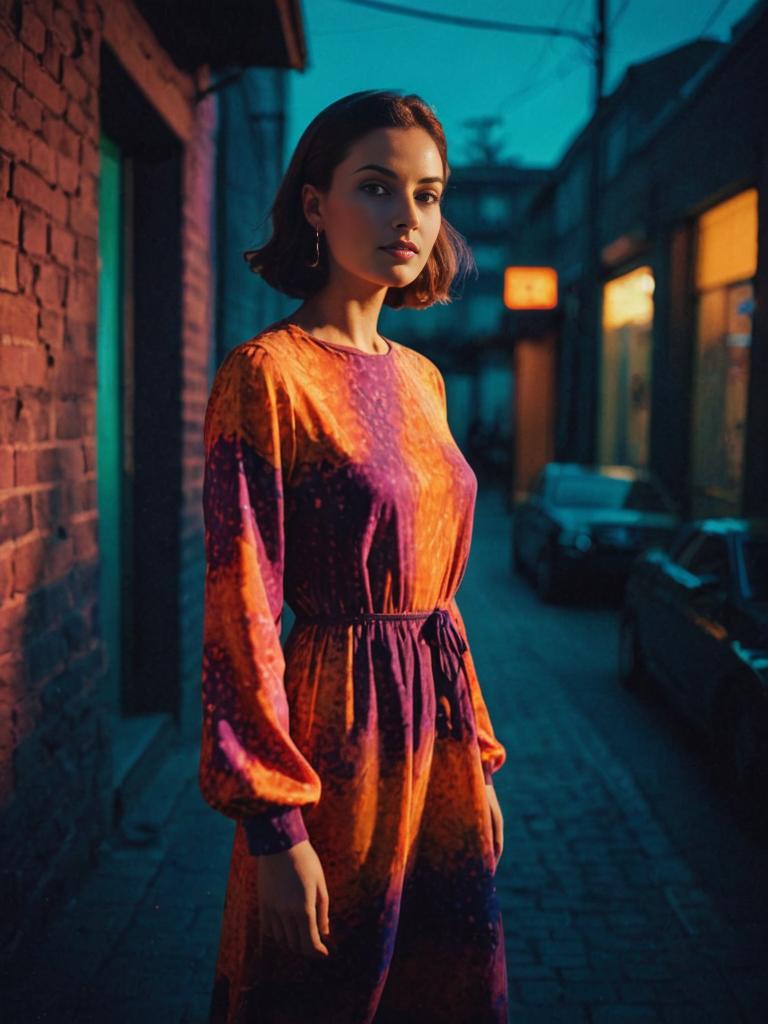 Elegant Woman in Oversaturated Dress in Urban Setting