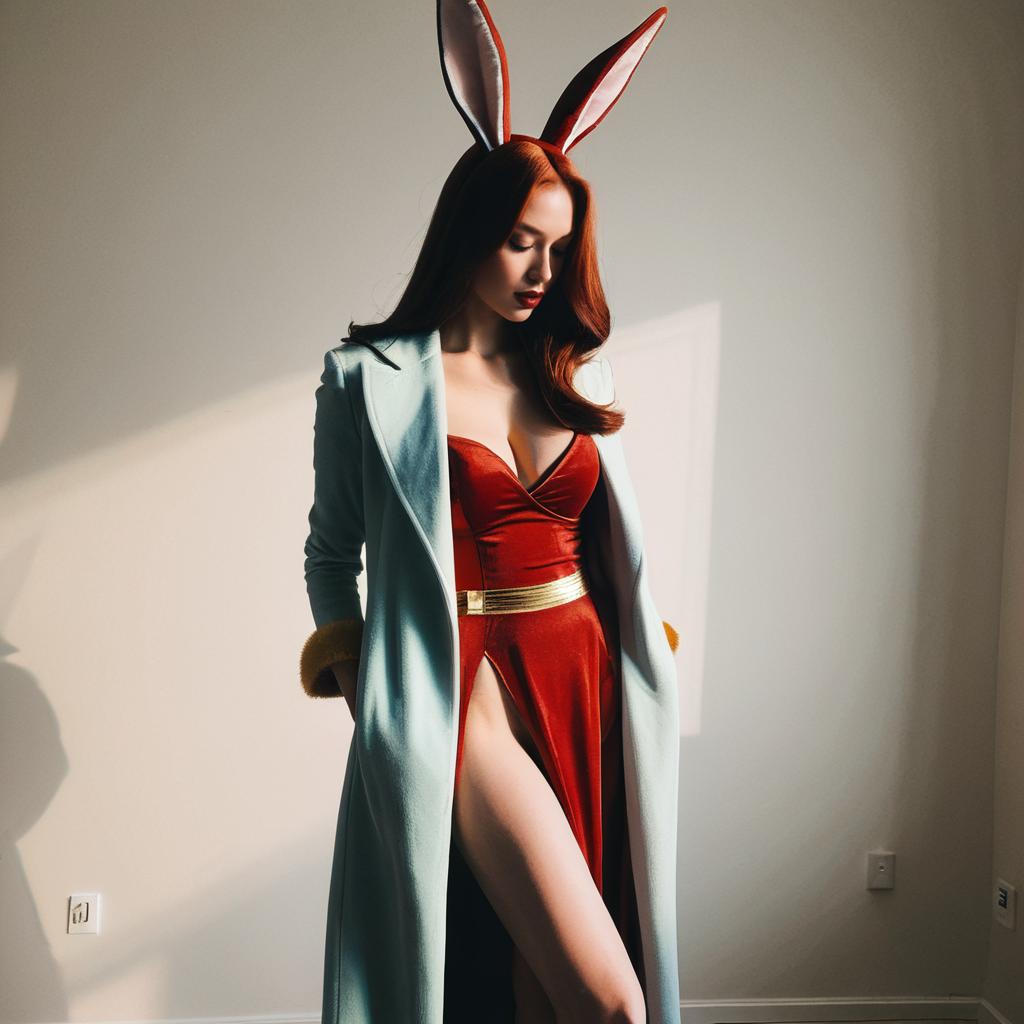 Stylish Woman in Red Dress and Bunny Ears with Light Blue Coat