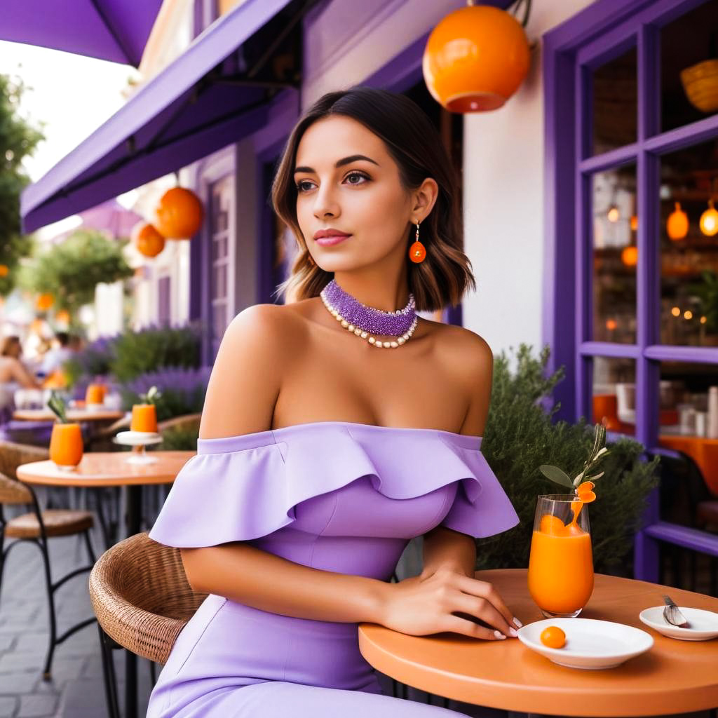 Stylish Woman in Lavender Dress with Orange Drinks