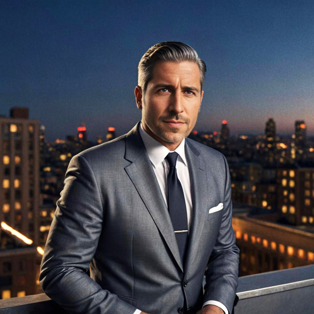 Confident Man in Tailored Suit Against Cityscape