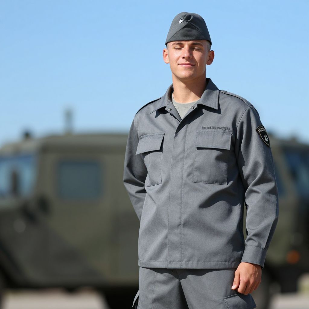 Young Man in Gray Military Uniform Standing Outdoors with Vehicle