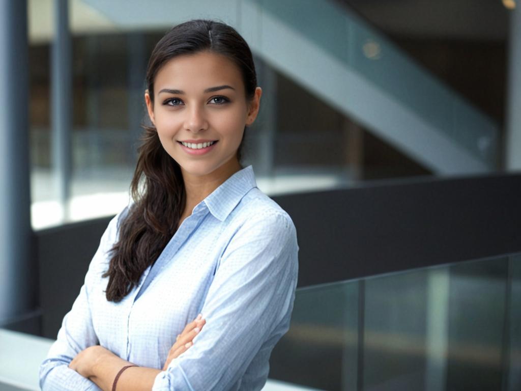 Confident Woman in Blue Blouse in Modern Industrial Setting