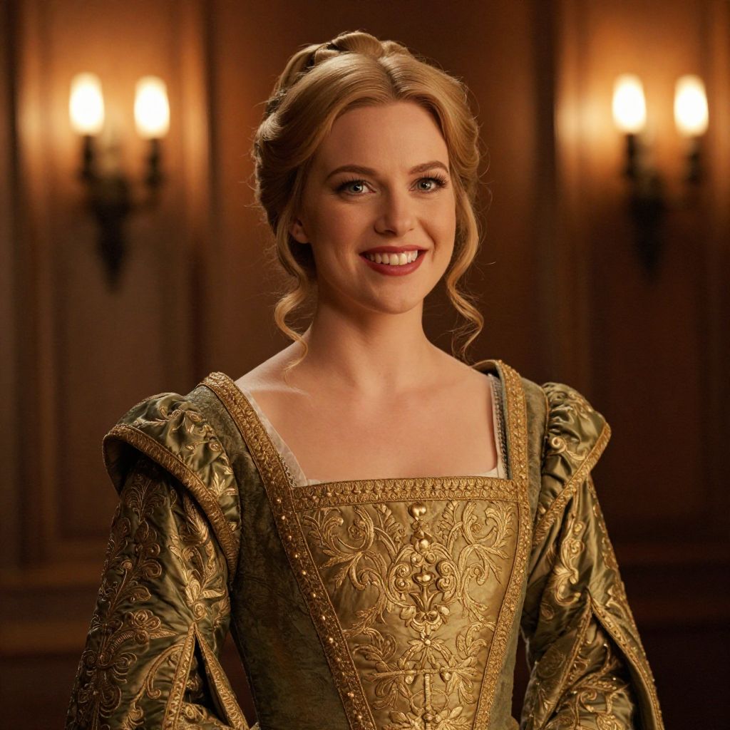 Smiling Woman in Ornate Renaissance-Style Gown in Warm Elegant Setting