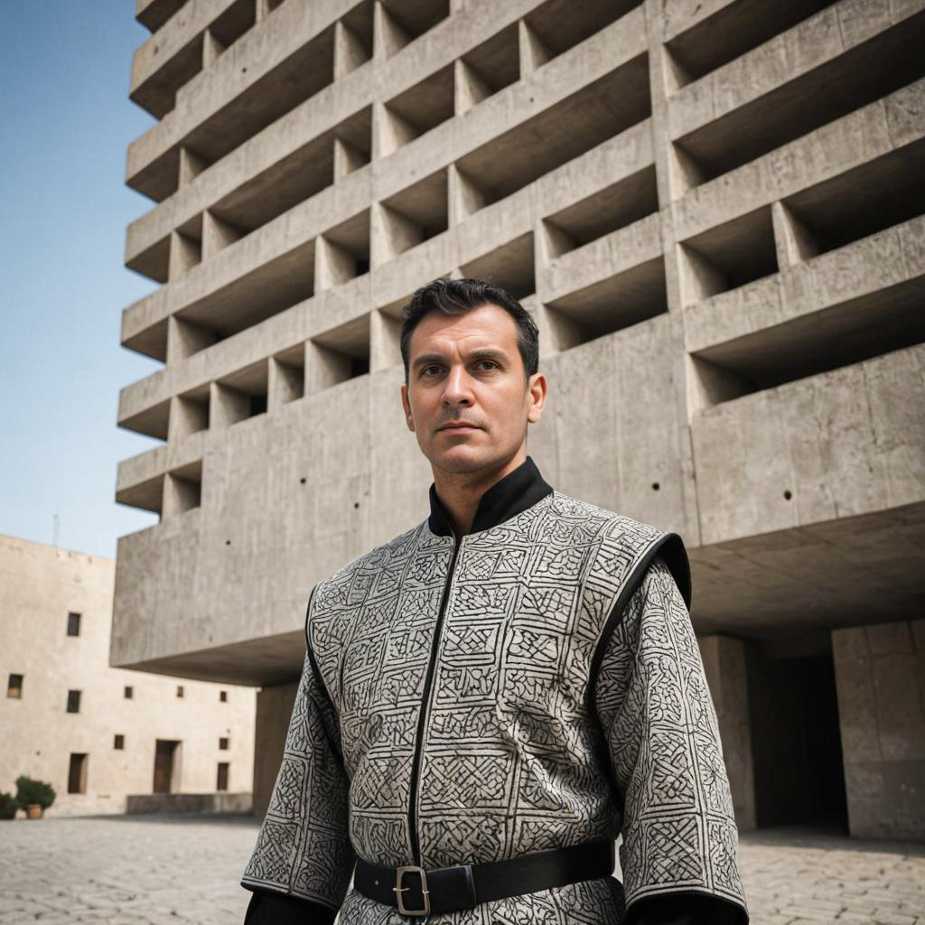 Man in Traditional Garment by Modern Building