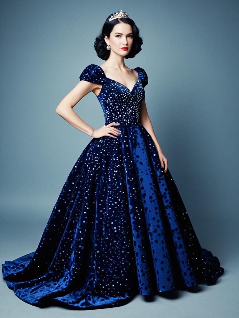 Elegant Woman in Blue Velvet Sparkling Ball Gown and Tiara