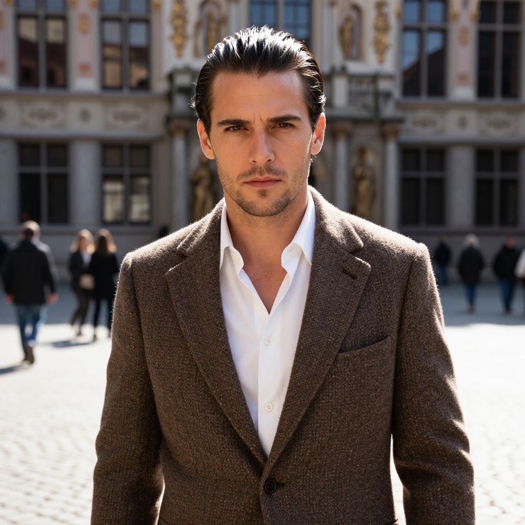 Stylish Young Man in Brown Blazer in Historic City Square