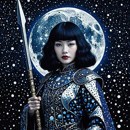 Woman in Celestial-Themed Armor with Spear and Full Moon Background