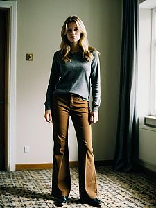 Casual Woman Wearing Gray Sweater and Brown Flared Pants Indoors