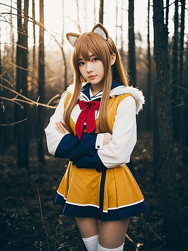 Realistic Taiga Aisaka Cosplay Woman in School Uniform with Fox Ears in Forest