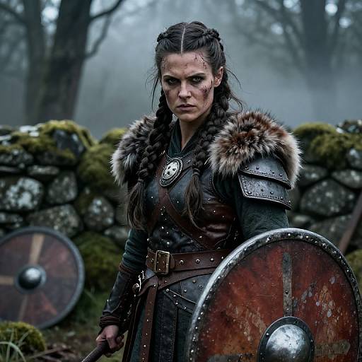 Viking Woman Warrior in Battle Armor Holding Shield and Sword